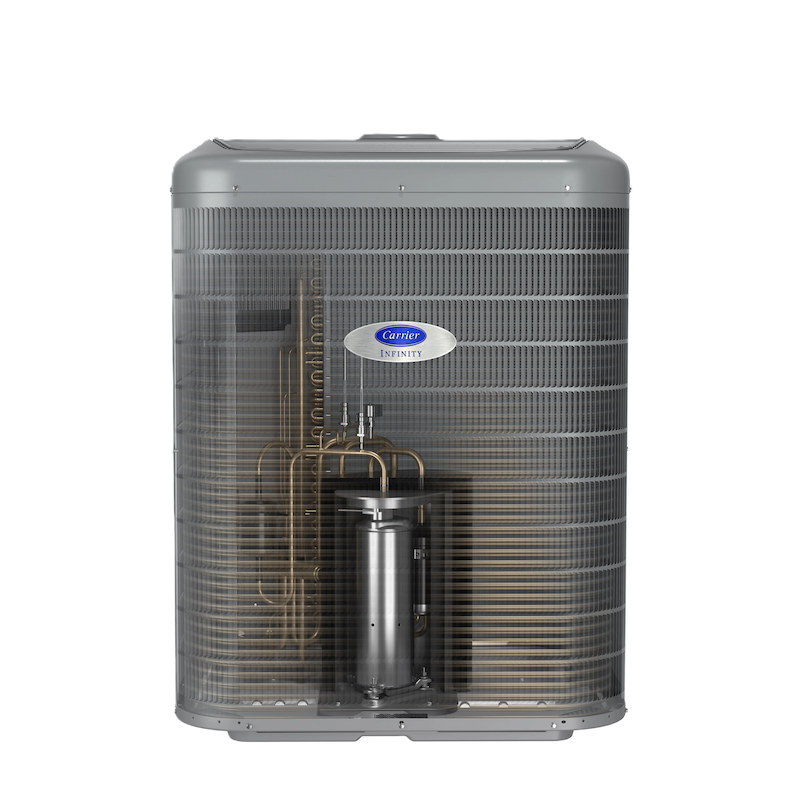 Gray Carrier Infinity air conditioner unit with partially visible internal mechanical components, displayed as an example of quality installation by an HVAC contractor against a plain white background.